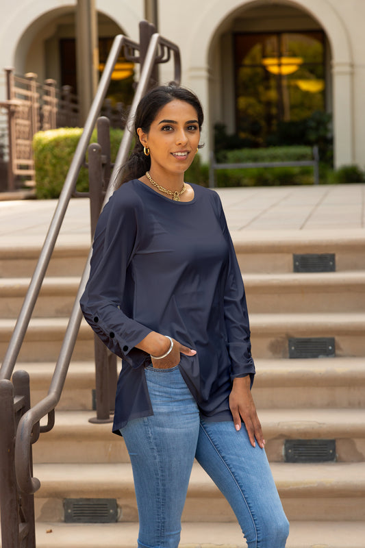 Side-Button Sleeve Flowy Tunic-Navy
