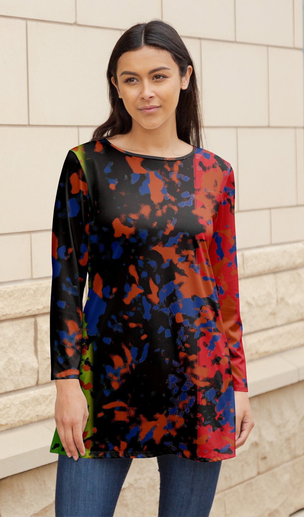 Bold Print Flowy Tunic-Black Red