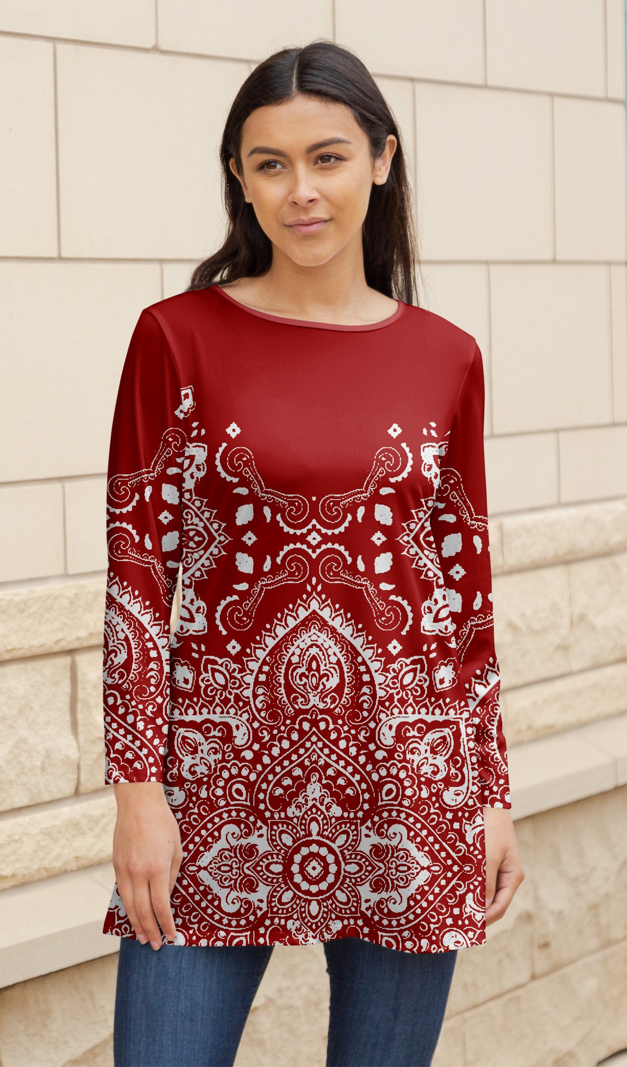 Bold Print Flowy Tunic-Black Red