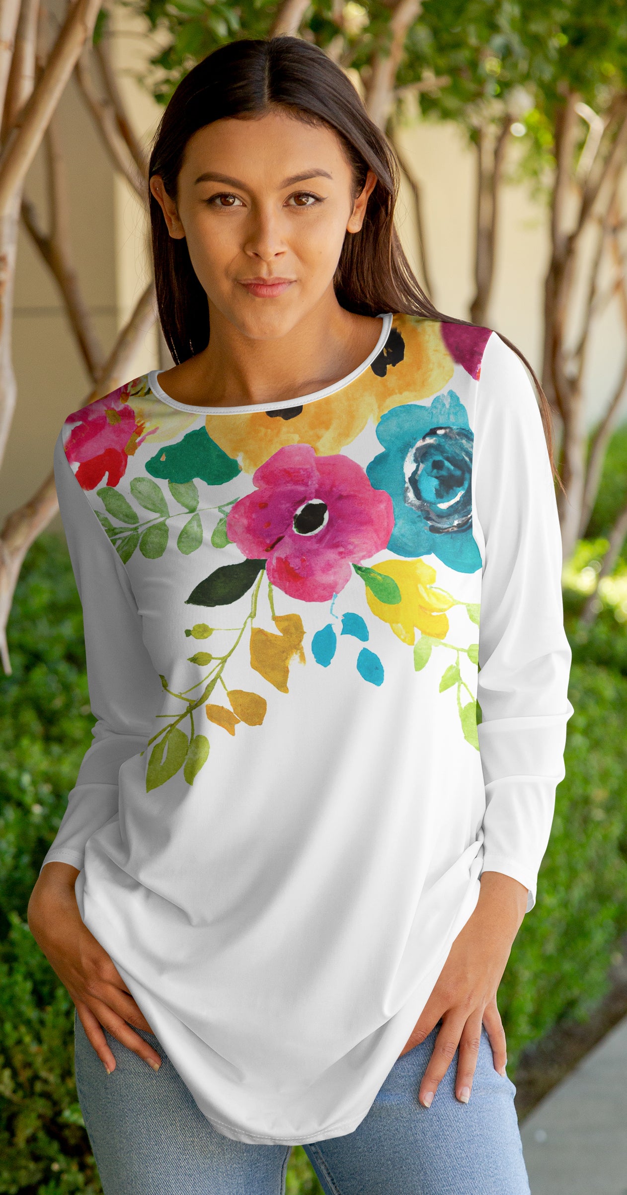 Bold Print Flowy Tunic-Purple Yellow