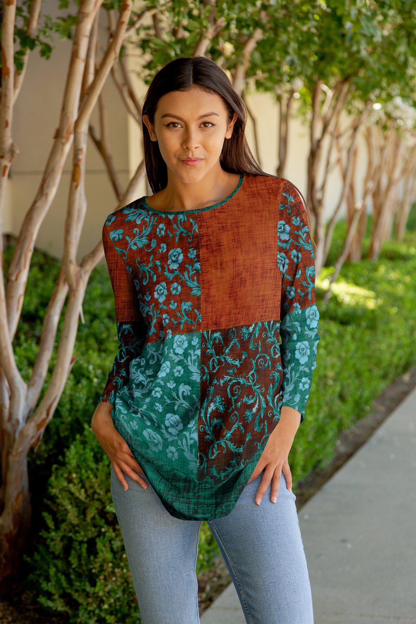 Bold Print Flowy Tunic-Brown Beige