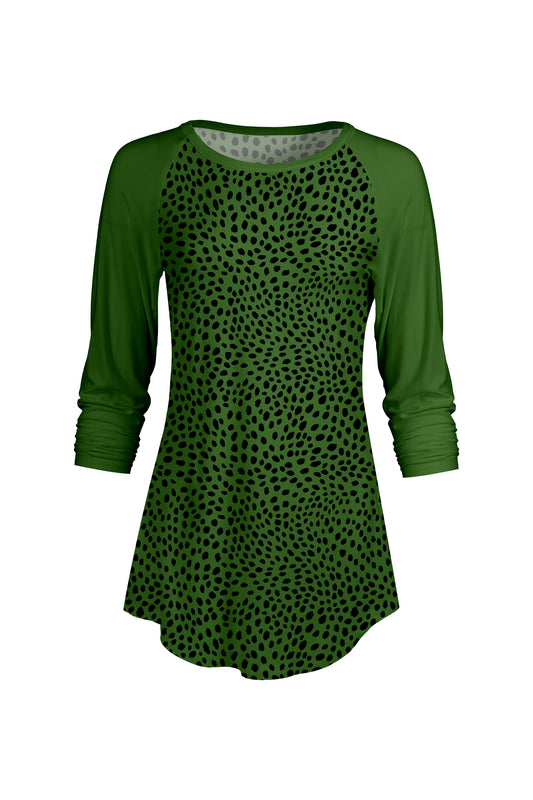 Bold Contrast Raglan Sleeve Tunic-Green Black Dots