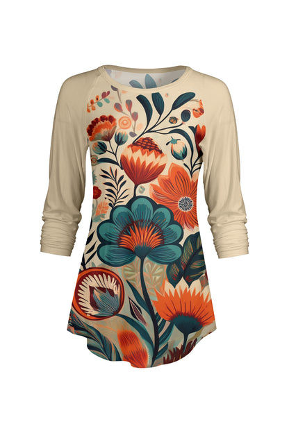 Bold Contrast Raglan Sleeve Tunic-Yellow White Floral