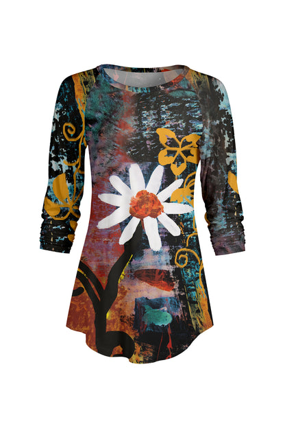 Bold Contrast Raglan Sleeve Tunic-Yellow White Floral