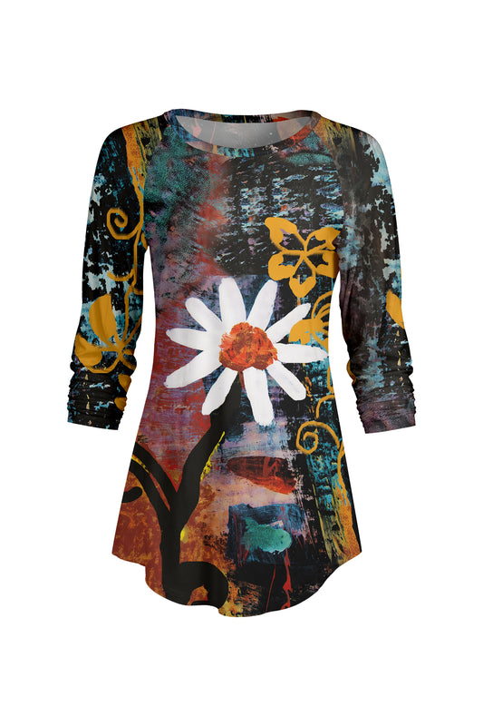 Bold Contrast Raglan Sleeve Tunic-Yellow White Floral