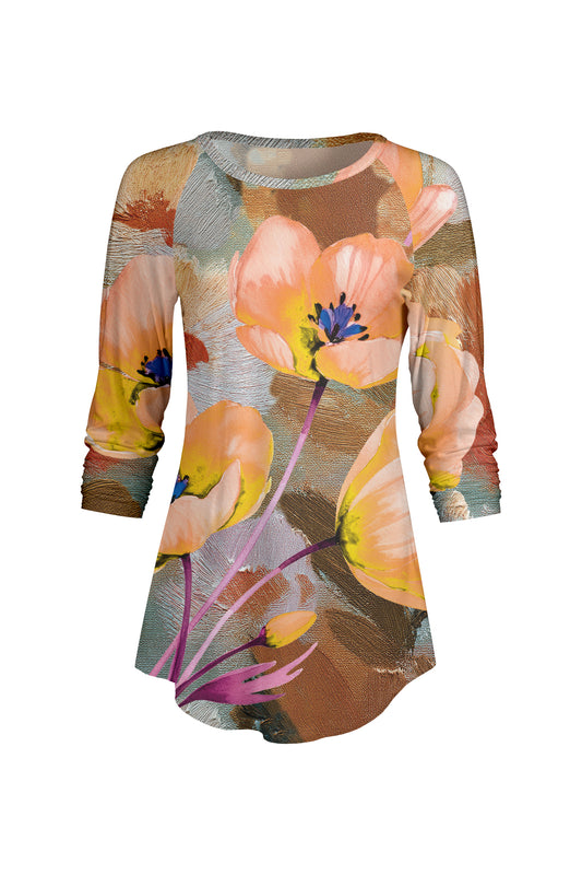 Bold Contrast Raglan Sleeve Tunic-Beige Floral
