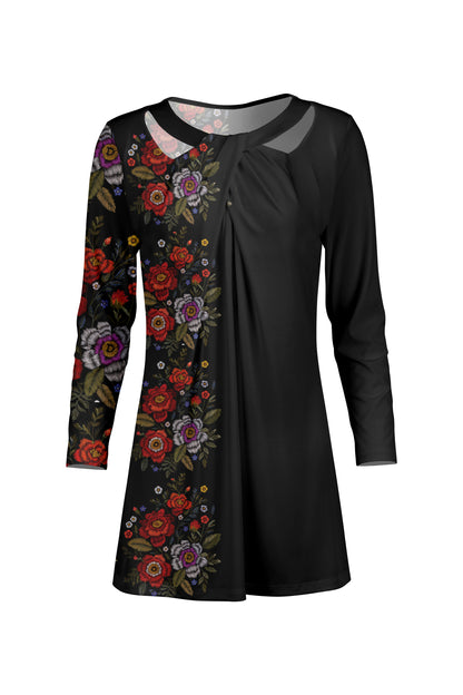 Front Twist Patched Tunic-Black Red Rose