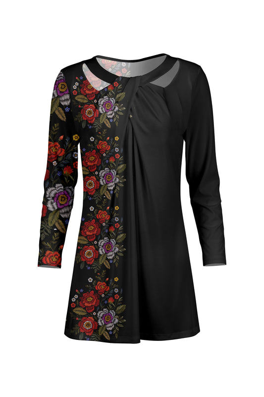 Front Twist Patched Tunic-Black Red Rose