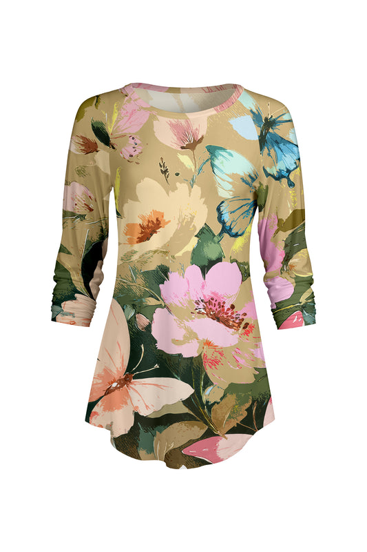 Bold Contrast Raglan Sleeve Tunic-Beige Multi Floral