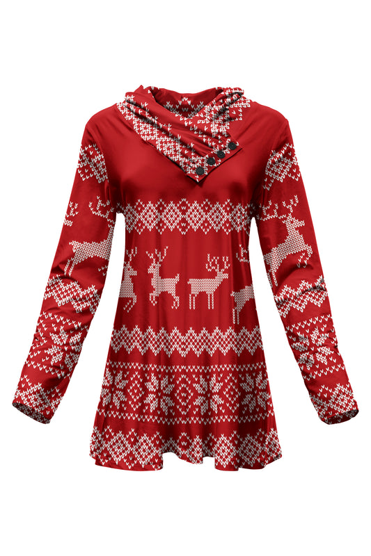 Classic Buttons Collar Tunic- Red White Holiday
