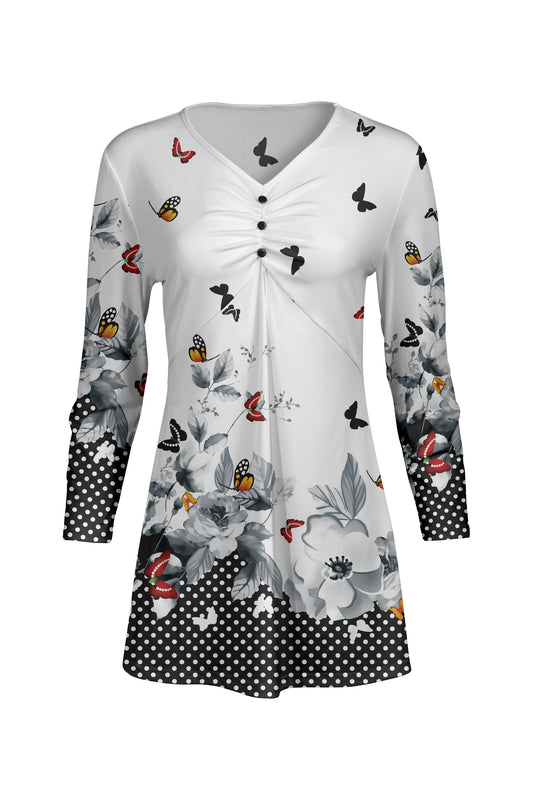 Classic Gathered Front Patched Tunic-White With Butterfly Floral