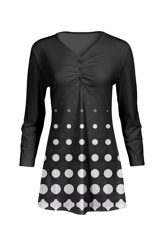 Classic Gathered Front Patched Tunic-Black White Dots