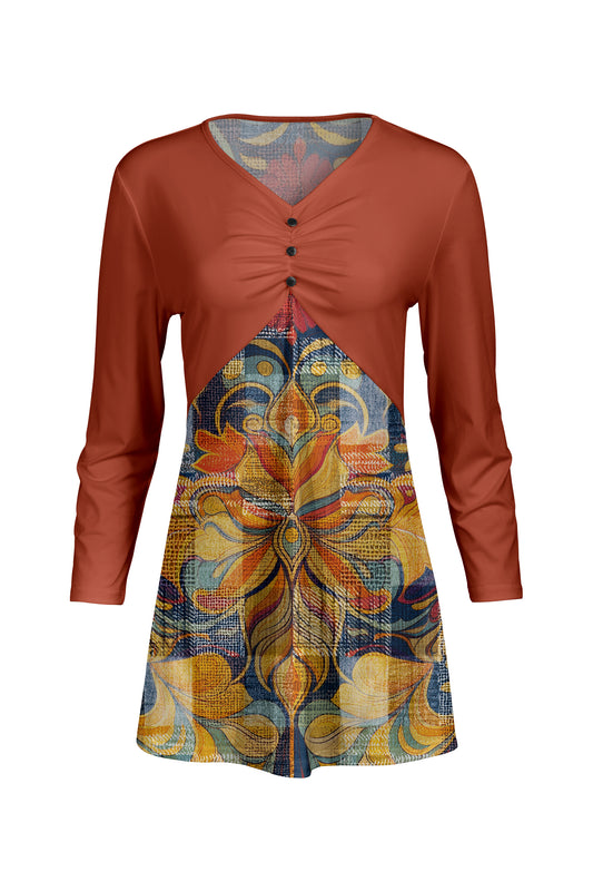 Classic Gathered Front Patched Tunic-Rust Red