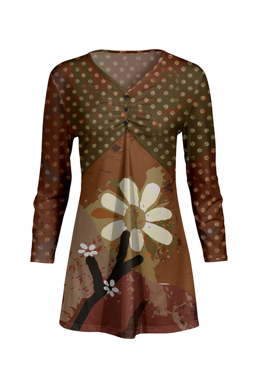 Classic Gathered Front Patched Tunic-Brown White