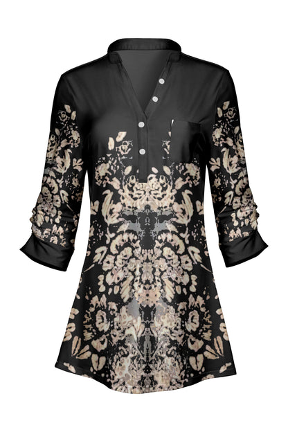 Classic V-Collar Patched Tunic-Black Gold Vintage