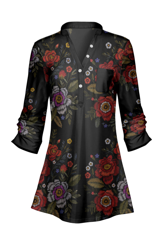 Classic V-Collar Patched Tunic-Black Red Rose
