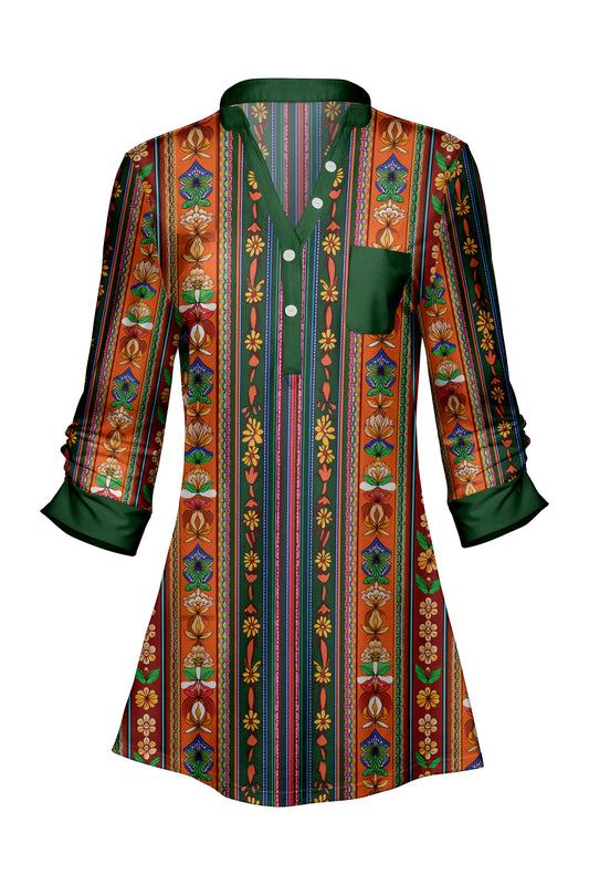 Classic V-Collar Patched Tunic-Green Rust