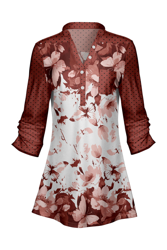 Classic V-Collar Patched Tunic-Rust Red White