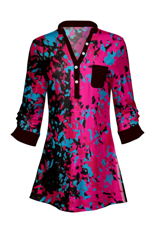 Classic V-Collar Patched Tunic-Black Turquiose Pink