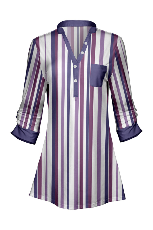 Classic V-Collar Patched Tunic-Purple White