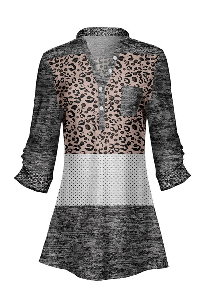 Classic V-Collar Patched Tunic-Grey White Animal