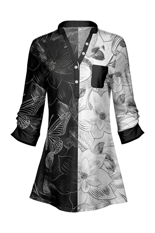 Classic V-Collar Patched Tunic-Black White Floral