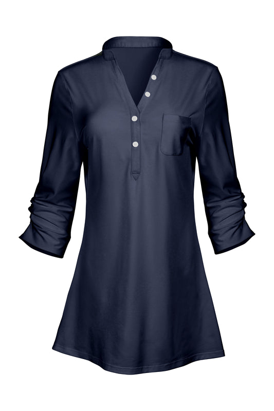 Classic V-Collar Patched Tunic-Navy