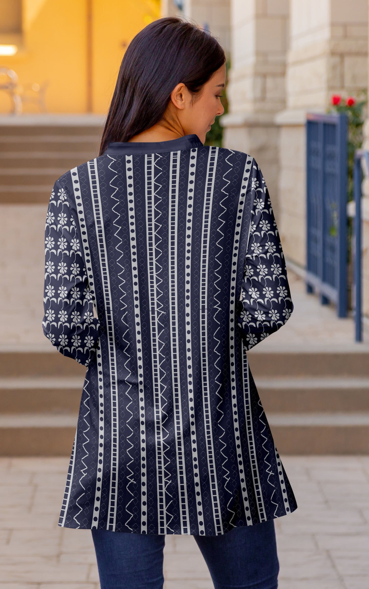 Classic V-Collar Patched Tunic-Blue White