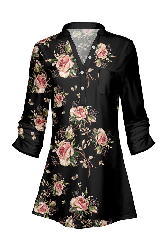 Classic V-Collar Patched Tunic-Pink Rose Black