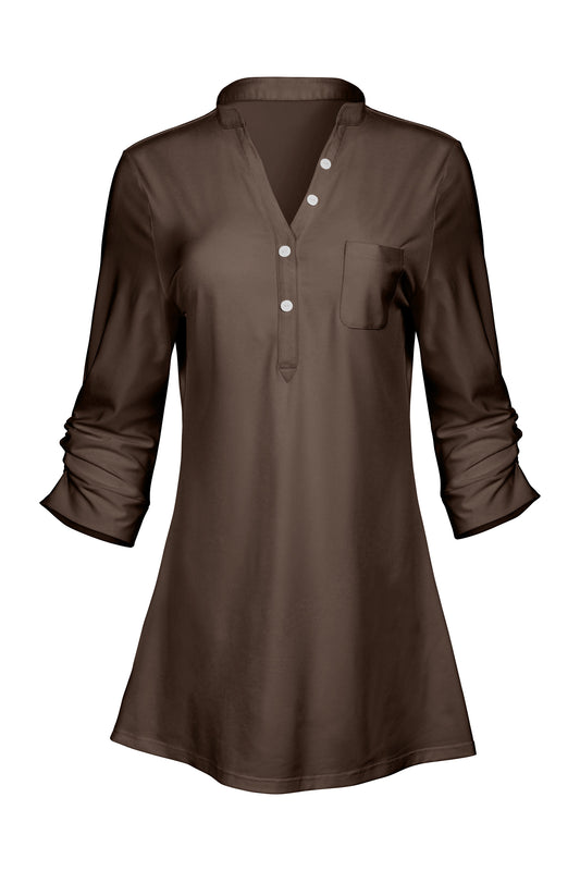 Classic V-Collar Patched Tunic-Brown