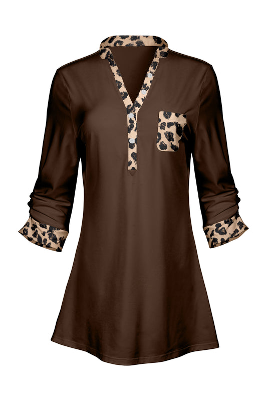Classic V-Collar Patched Tunic-Brown Animal