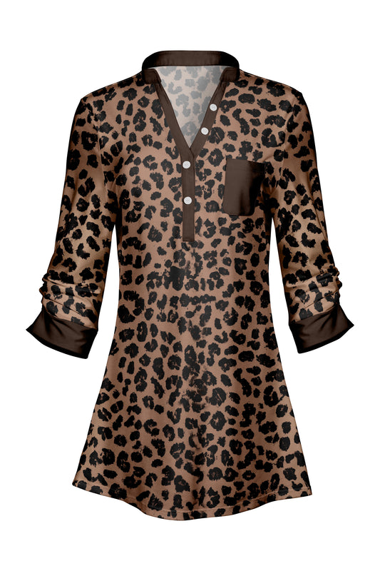 Classic V-Collar Patched Tunic-Brown Animal