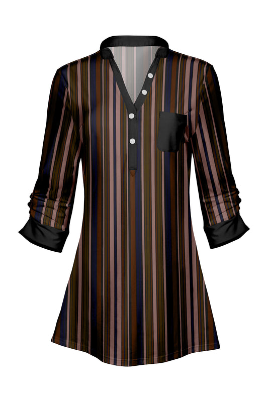 Classic V-Collar Patched Tunic-Brown Strips