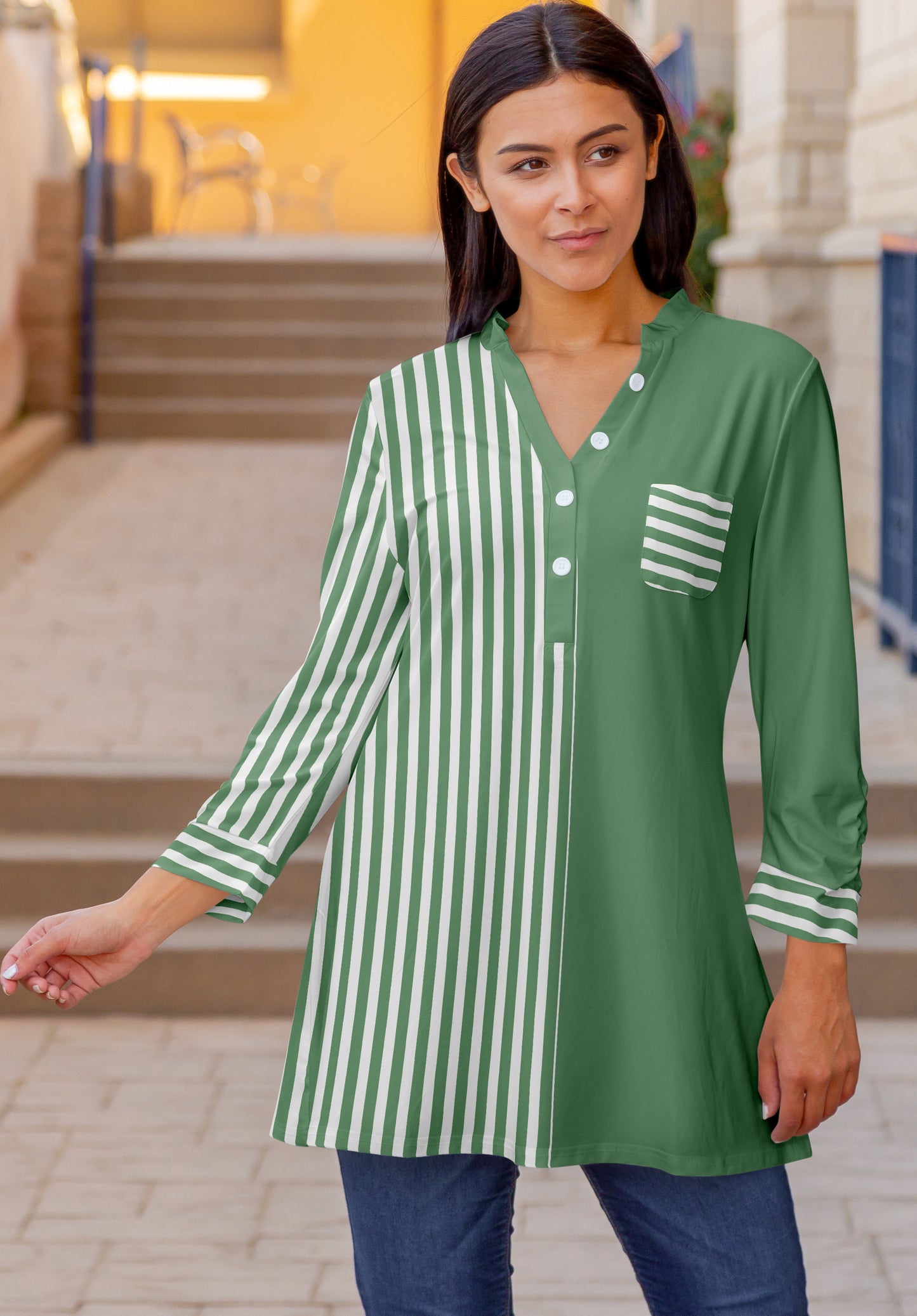 Classic V-Collar Patched Tunic-Blue White