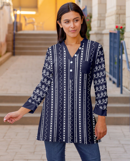 Classic V-Collar Patched Tunic-Blue White