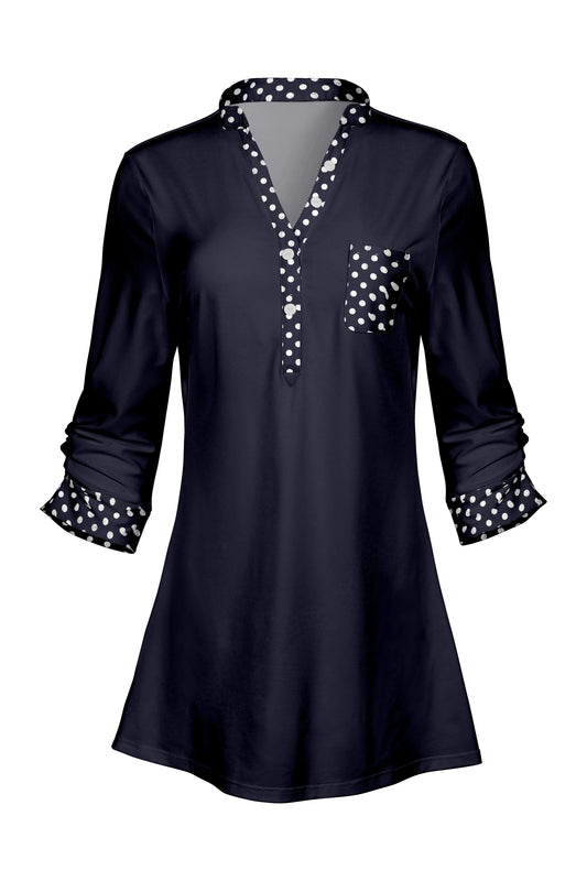Classic V-Collar Patched Tunic-Black White Dots