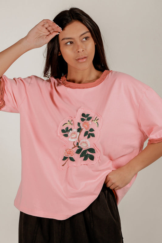 Blossom Charm Tee (T2400014 Pink  With Embroidery)