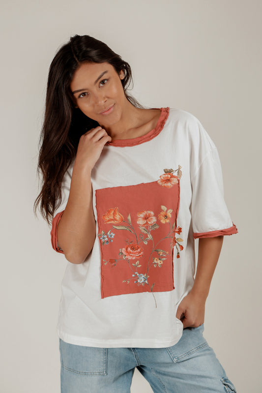 Pink Blossom Tee(T2400014 White With Pink Embroidery)