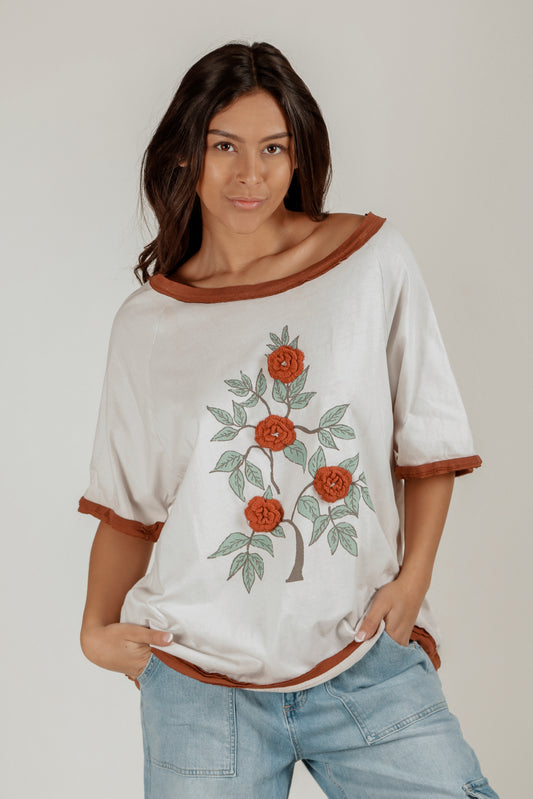 Verdant Bloom Raglan Tee (T2400015  White With Chrochet Red Rose )
