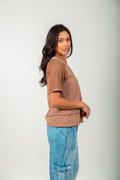 Mineral-Washed Cotton T-Shirt with Floral Patchwork (T2400019 Brown Multi)