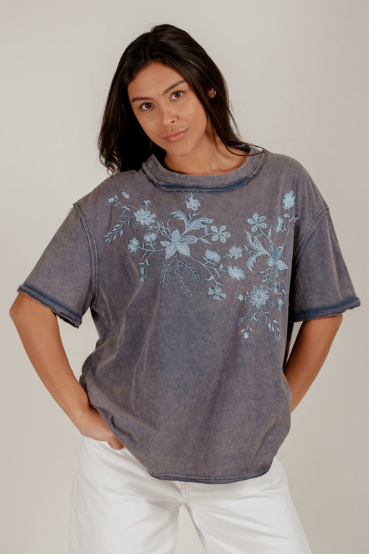 Nautical Bloom Tee (Wholesale) (SKU# T240002 NAVY EMB)