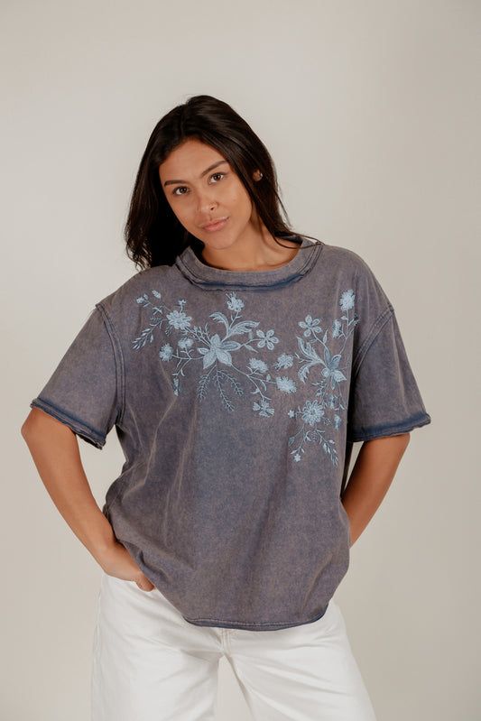 Nautical Bloom Tee(T240002 Deep Blue With Embro)