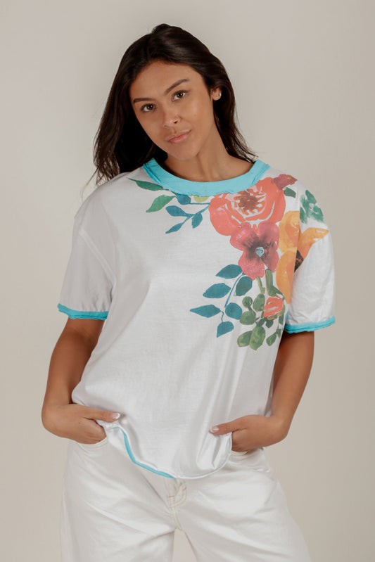 Crimson Bloom Tee (Wholesale) (T240002 WHITE WITH TUQ EDGE )