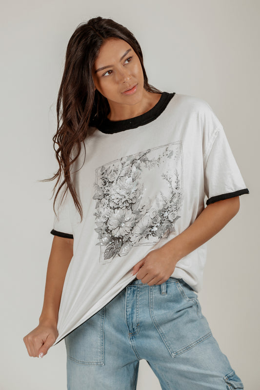 Monochrome Bloom Tee (SKU # T240002 WHITE WITH GLITTER)