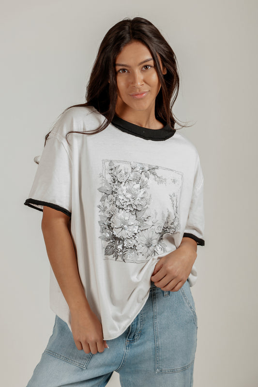 Midnight Blossom Tee(T240002 White With Glitter Rose )