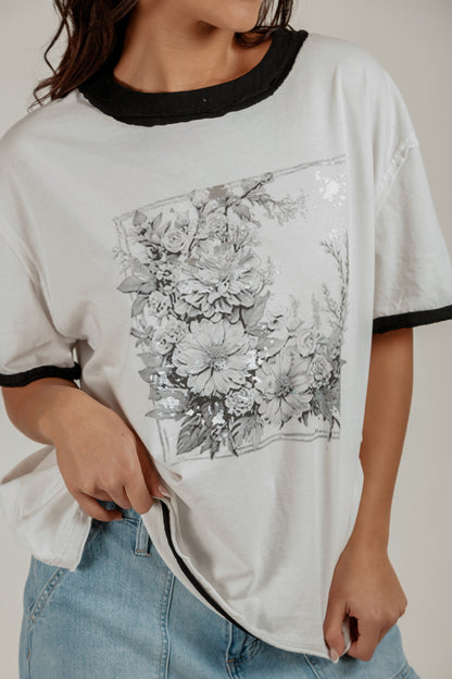 Midnight Blossom Tee(T240002 White With Glitter Rose )