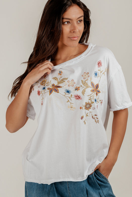Floral Dream Tee(T240002 White With Multi Embroidery )
