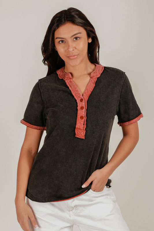 Burgundy Edge Placket Tee (Wholesale)(SKU# T240003 BLACK-BURGENDY)