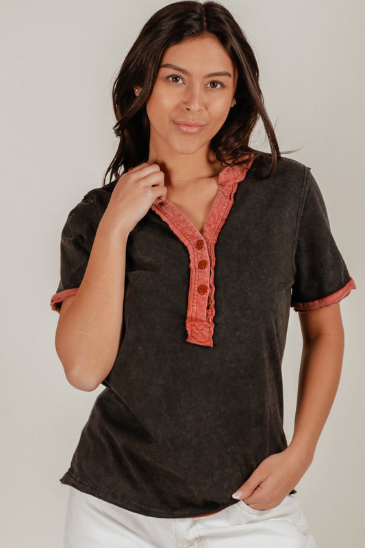 Burgundy Edge Placket Tee (T240003  Mineral Washed Black)