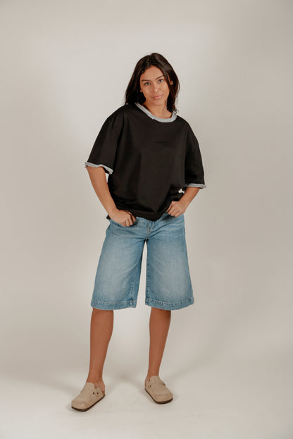 Black Grey Patched Tee(T240004 Black Grey )